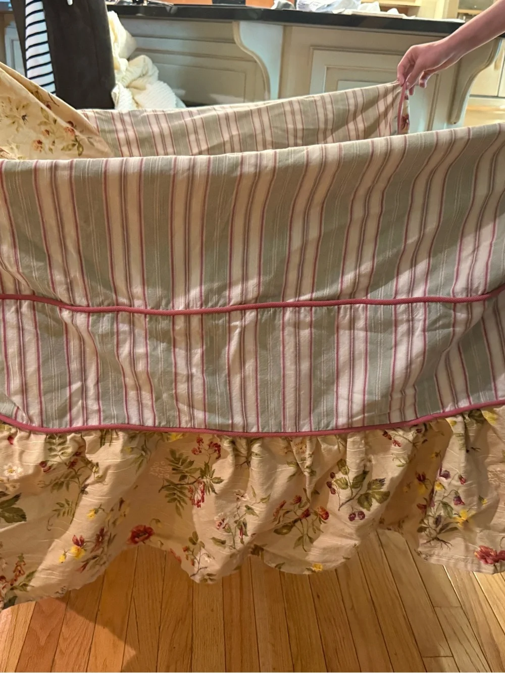 VTG Floral & Striped Chair Cover Swivel Rocker in Cream Taupe RL Style